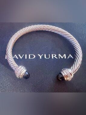 David Yurman Silver Cable Bracelet with Black Faceted Ends. 7mm